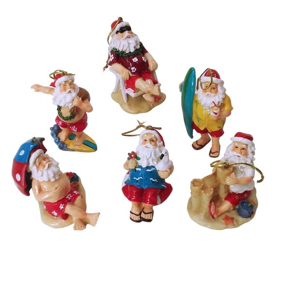 Bundle Lot of 6 Santa Claus Christmas Ornaments Beach Surfer Sandcastle Chill - Picture 1 of 11